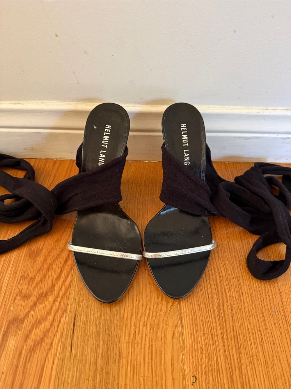 Helmut Lang Black Wrap Sandals with Silver Toe Strap - Picture 1 of 10